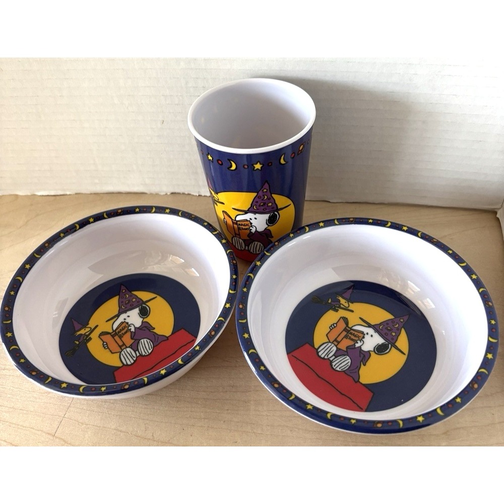 Vtg Gibson Wizard Snoopy Peanuts Halloween 2 Bowls 1 Cup NWT Melamine Witch